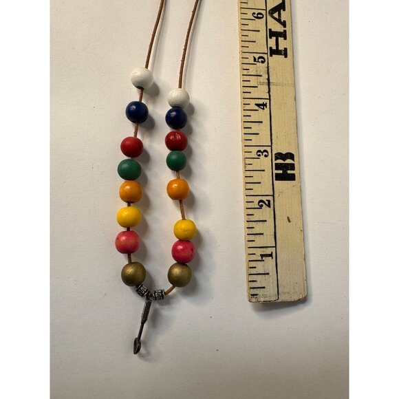 Colorful Wooden Bead Necklace With Brass Accents & Arrow Pendant On Leather Cord - Picture 15 of 16